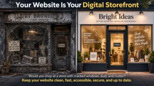 Split storefront comparison showing a neglected, outdated business beside a clean, modern storefront, illustrating how a website acts as a digital storefront.